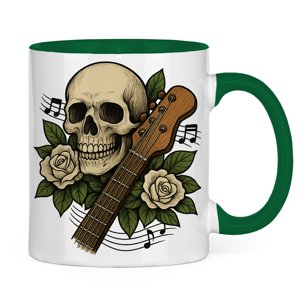 Tasse zweifarbig Schädel weiße Rosen Gitarre kaputt