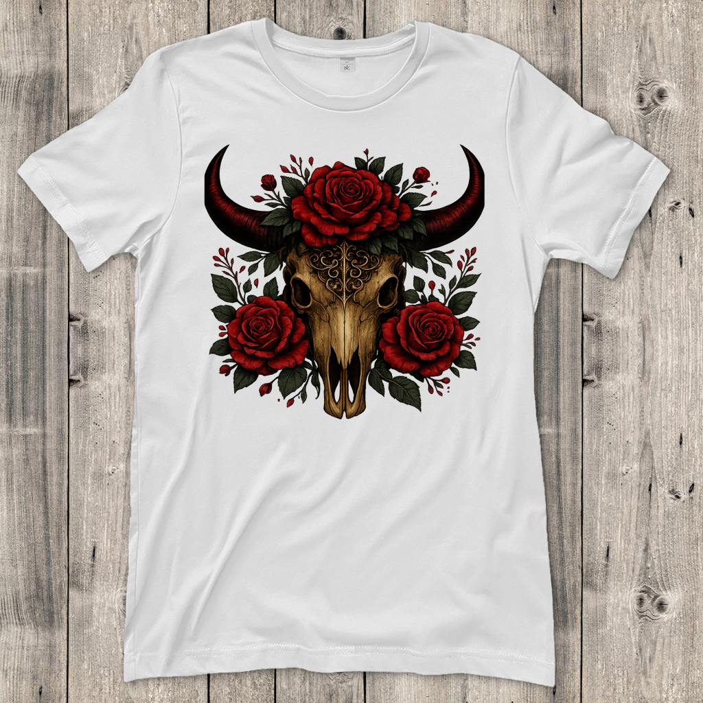 Damen T-Shirt Rinderschädel rote Blumen