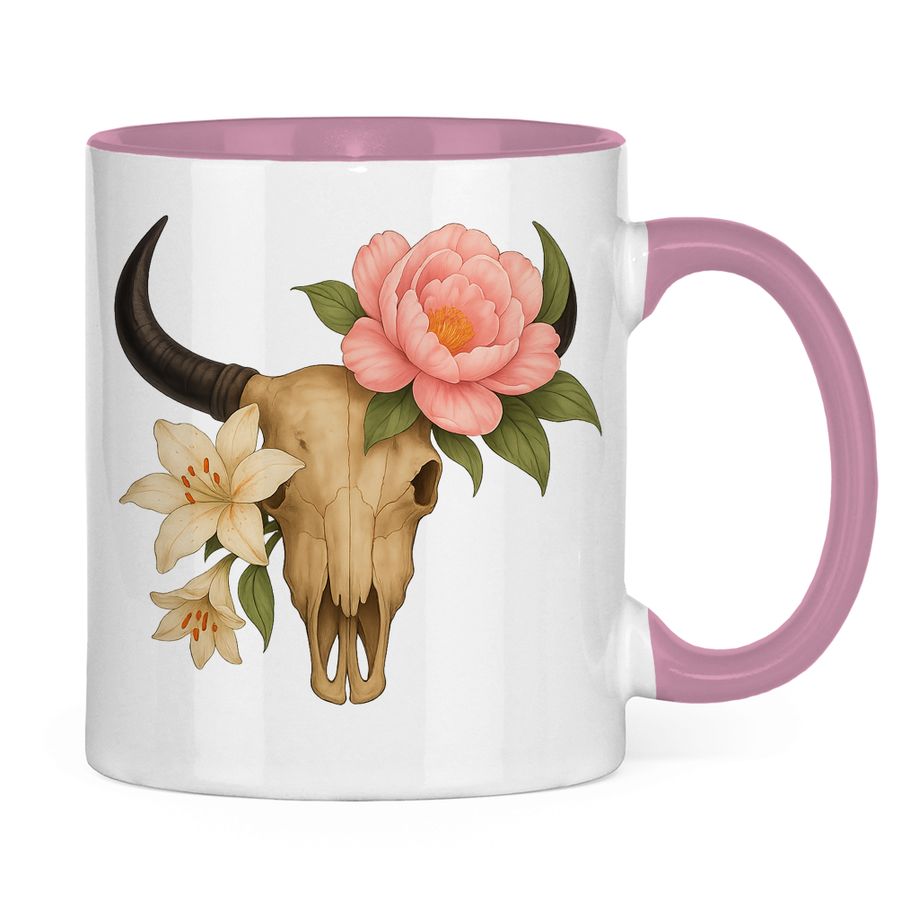 Tasse zweifarbig Rinderschädel blumig