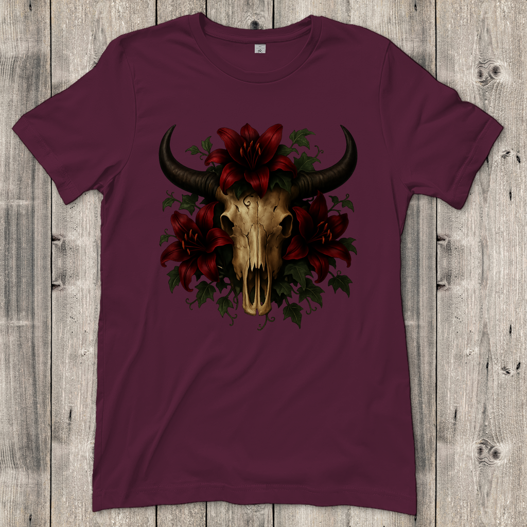 Damen T-Shirt Rinderschädel rore Lilien