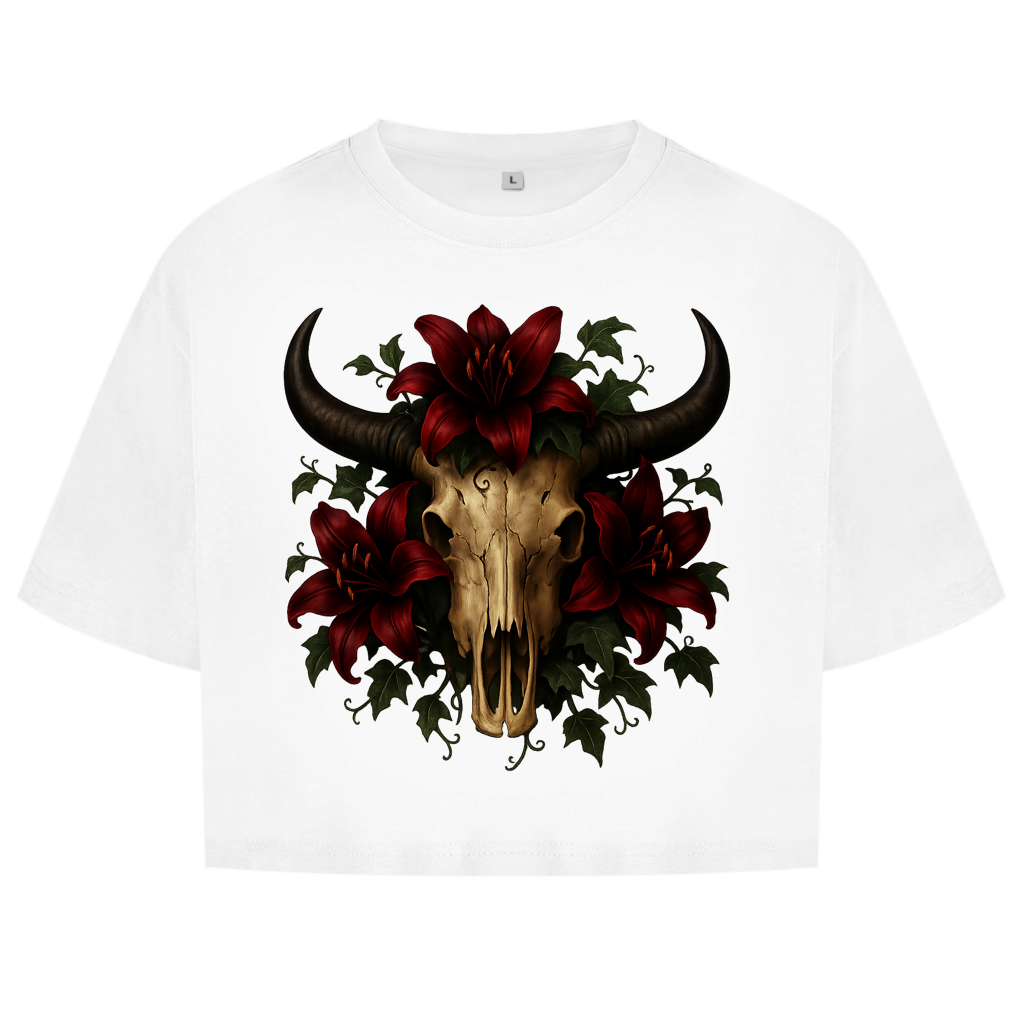 Damen Oversize Crop Top Rinderschädel rore Lilien