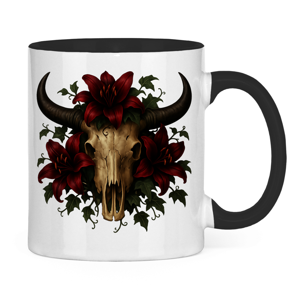 Tasse zweifarbig Rinderschädel rore Lilien