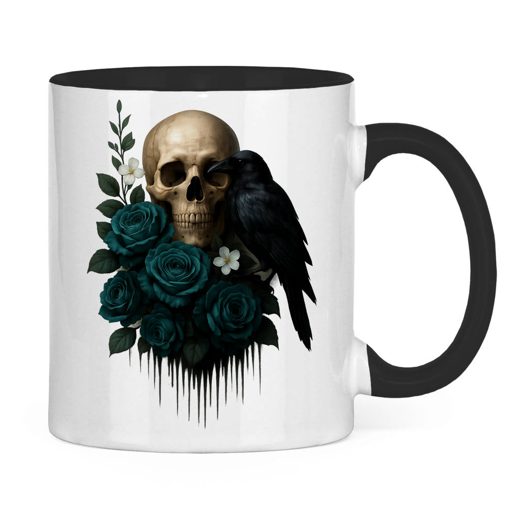 Tasse zweifarbig Totenkopf, Rabe und blaue Rosen