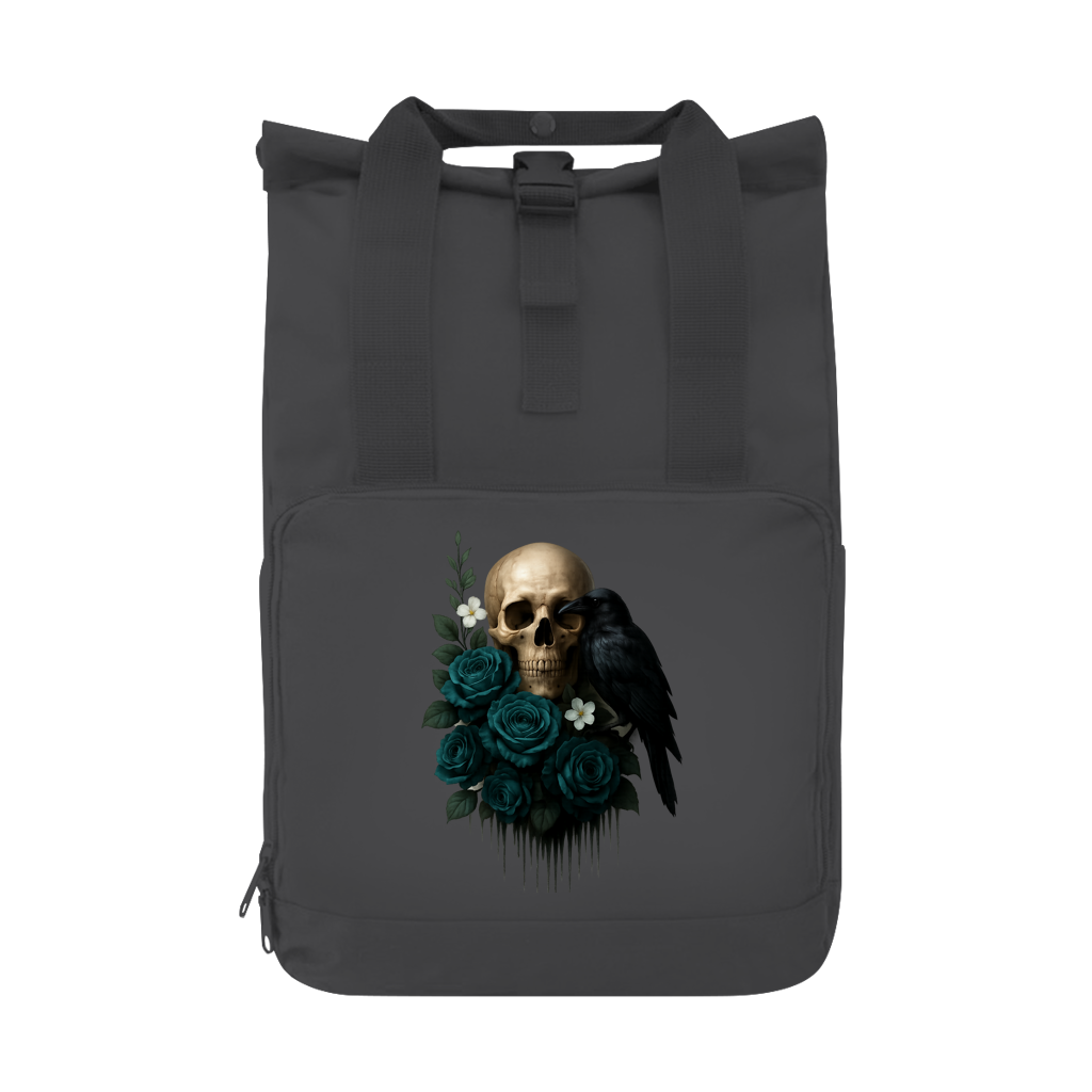 Rucksack Totenkopf, Rabe und blaue Rosen
