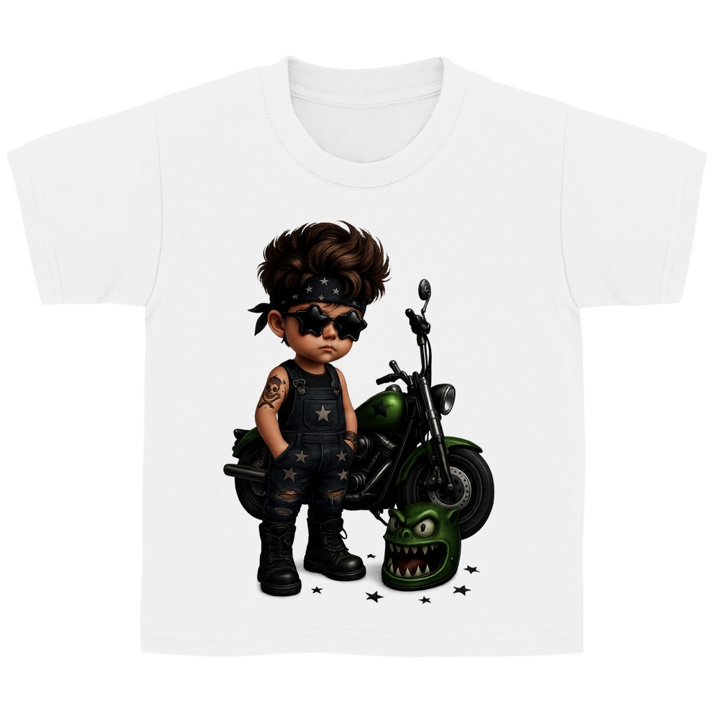 Kinder Basic T-Shirt Boy Motorrad mit Tattoo und Monsterhelm