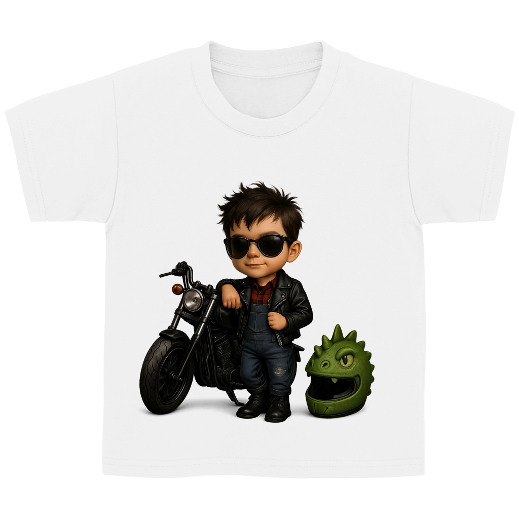 Kinder Basic T-Shirt Boy Motorrad mit Lederjacke und Dinohelm