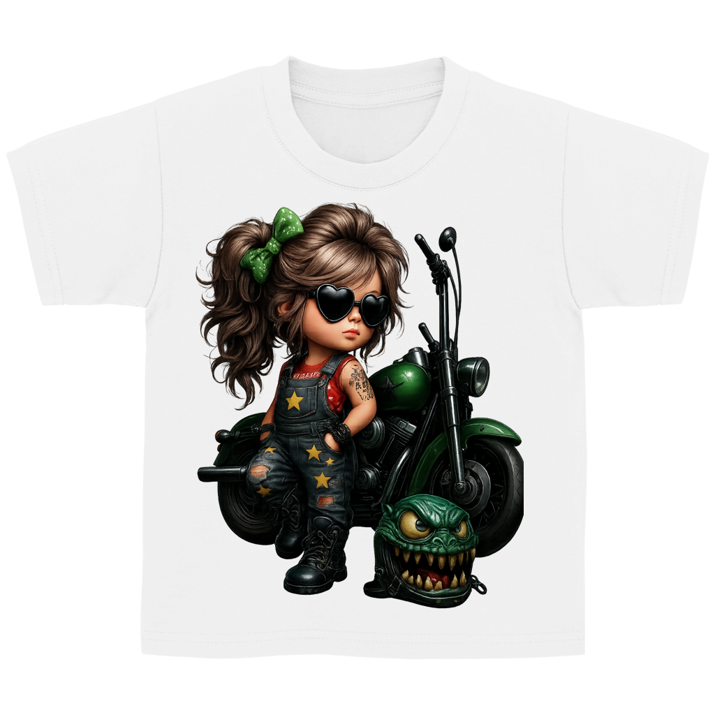 Kinder Basic T-Shirt Girl mit Tattoo Motorrad und Monsterhelm