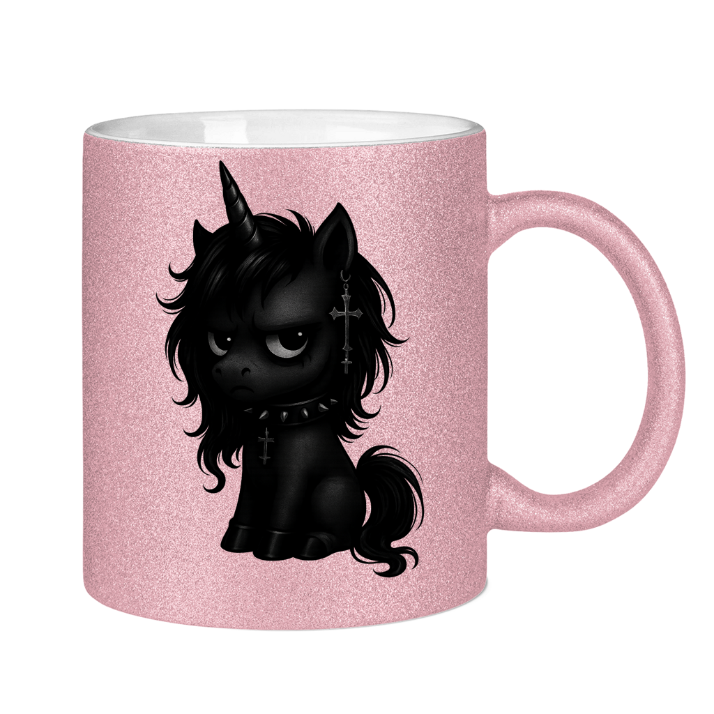 Glitzertasse Einhorn schwarz mit Stachelhalsband