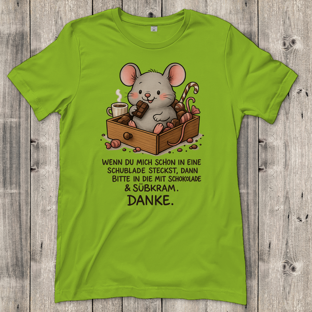 Damen T-Shirt Maus Schublade mit Schokolade