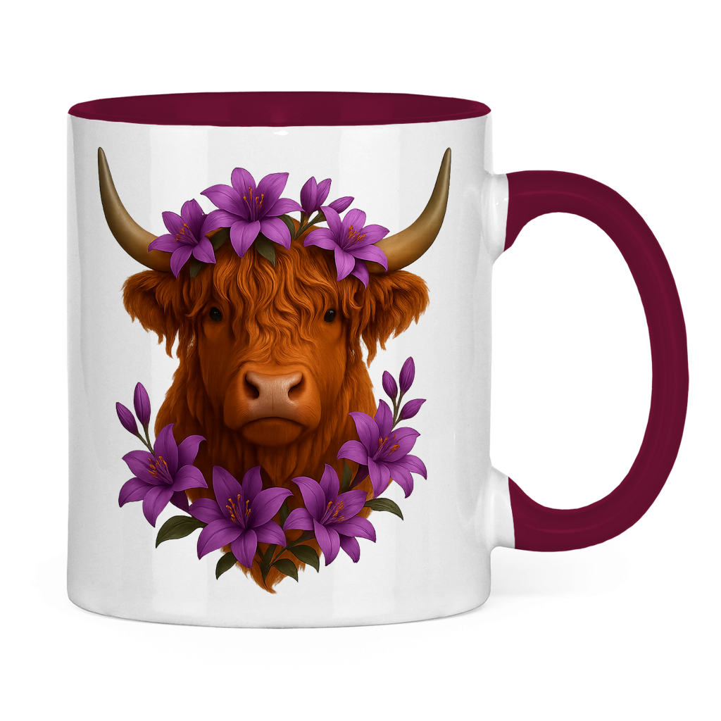 Tasse zweifarbig Hochlandrind lila Blumen