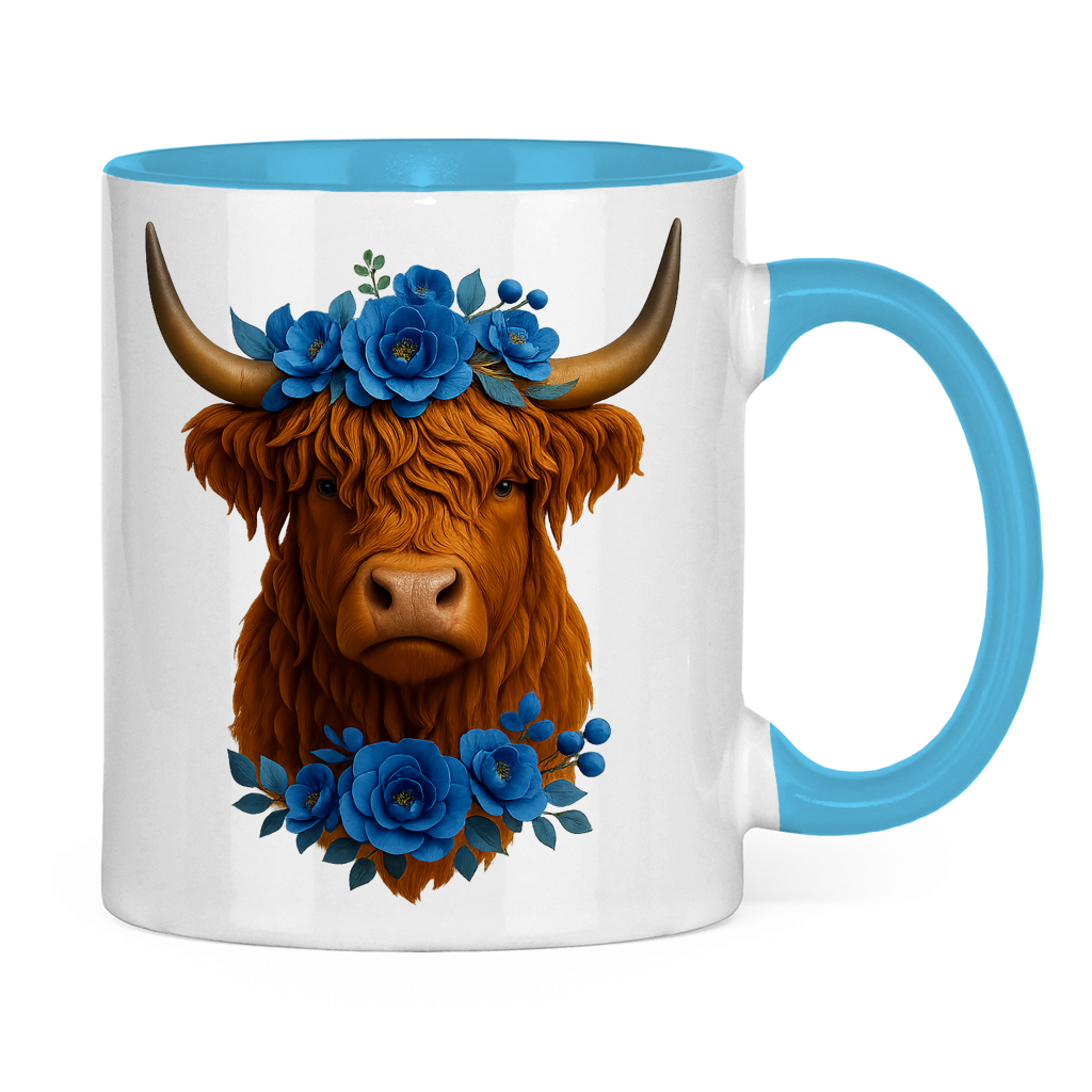 Tasse zweifarbig Hochlandrind blaue Blumen