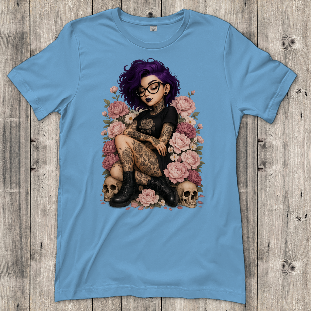 Damen T-Shirt Tattoofrau auf Blumen
