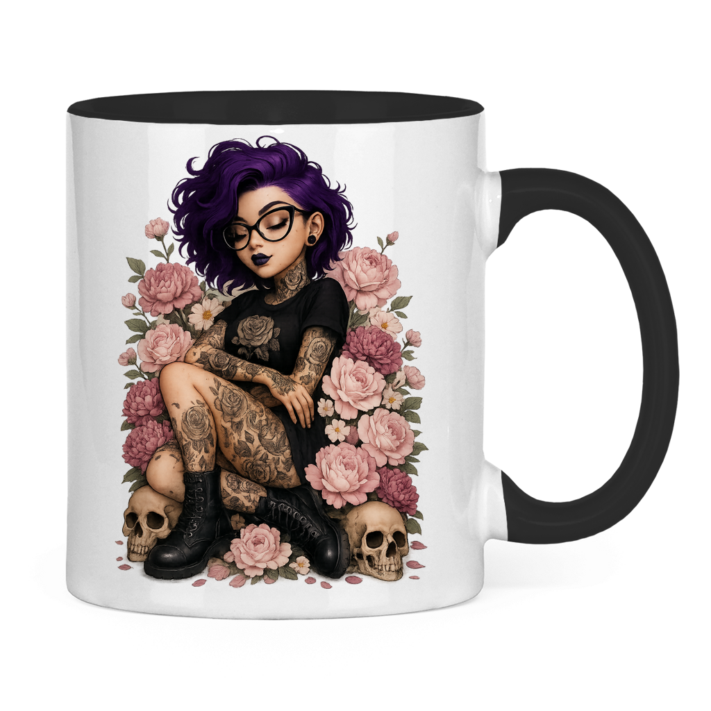 Tasse zweifarbig Tattoofrau auf Blumen