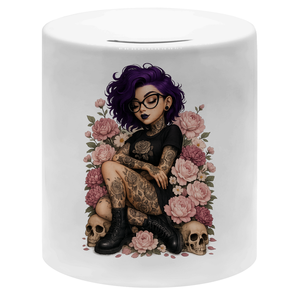 Money box Tattoofrau auf Blumen