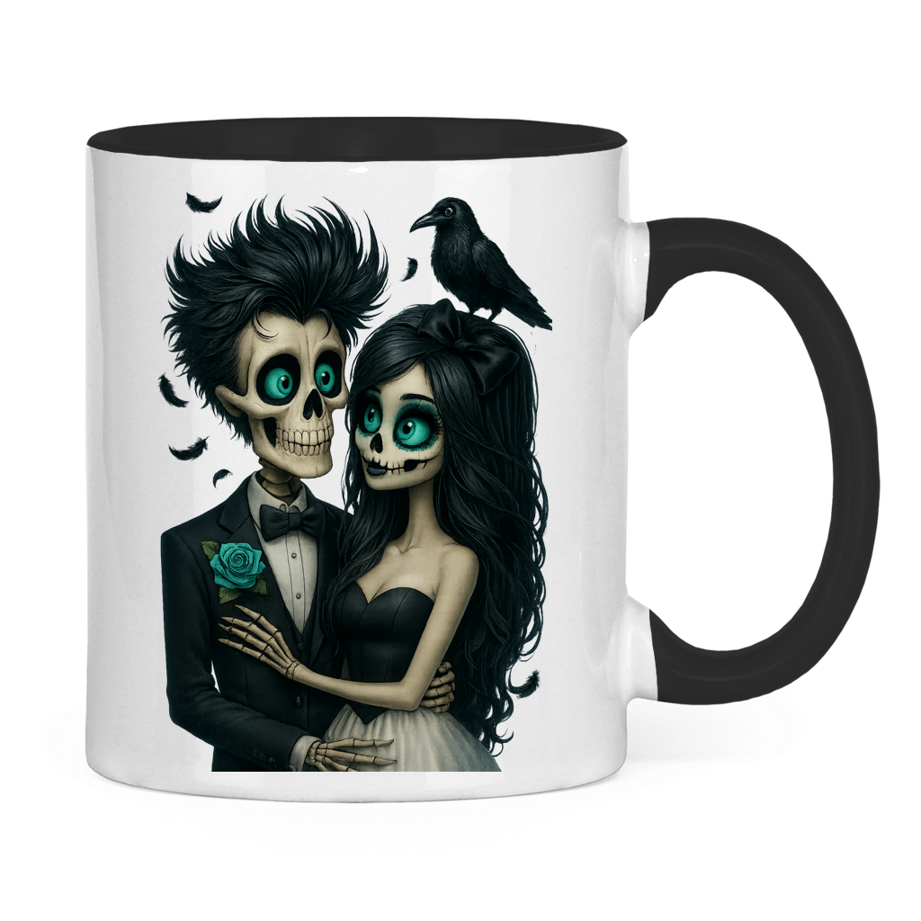 Tasse zweifarbig Skelett Paar und Rabe
