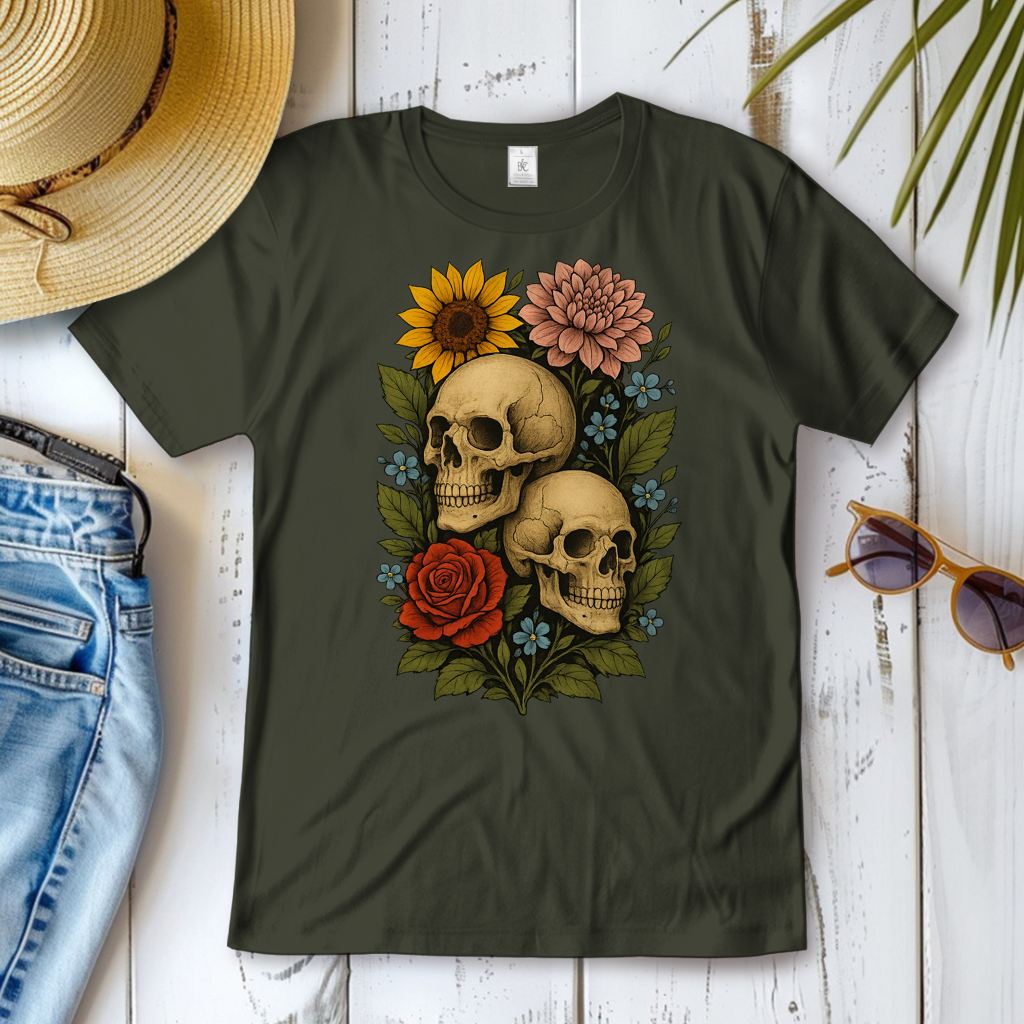 Damen T-Shirt Schädel zwischen Blumen