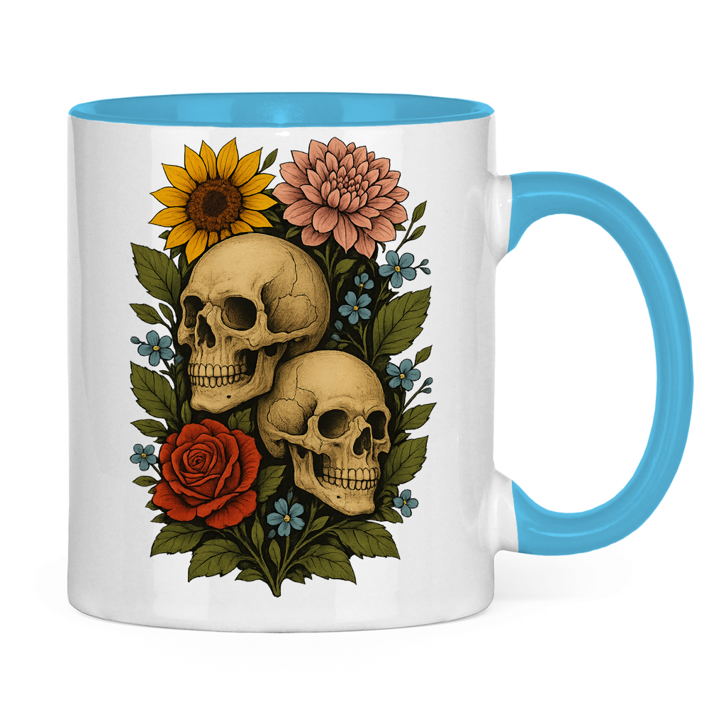 Tasse zweifarbig Schädel zwischen Blumen