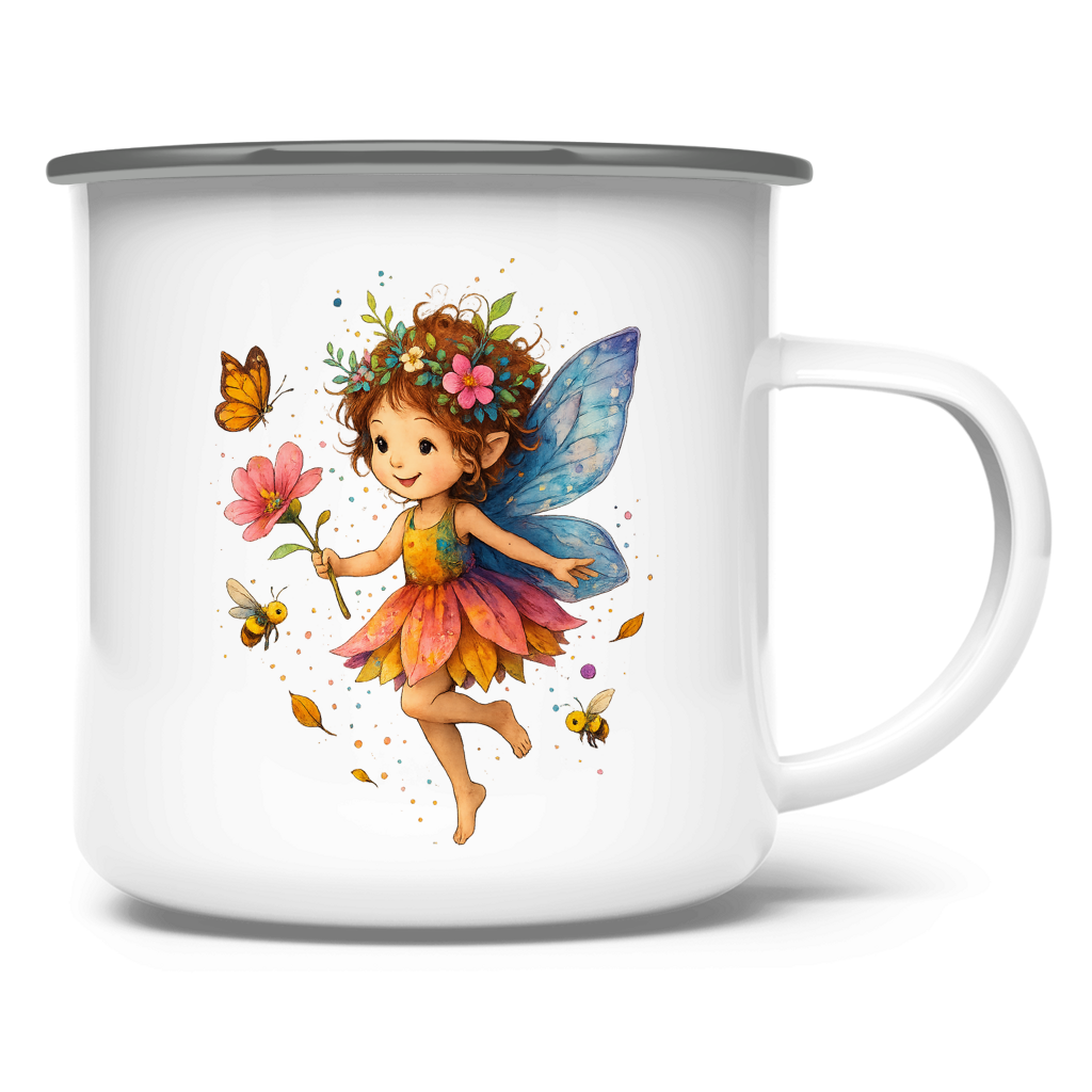 Emaille Tasse Girl Fee Lischen fliegt mit Schmetterlingen