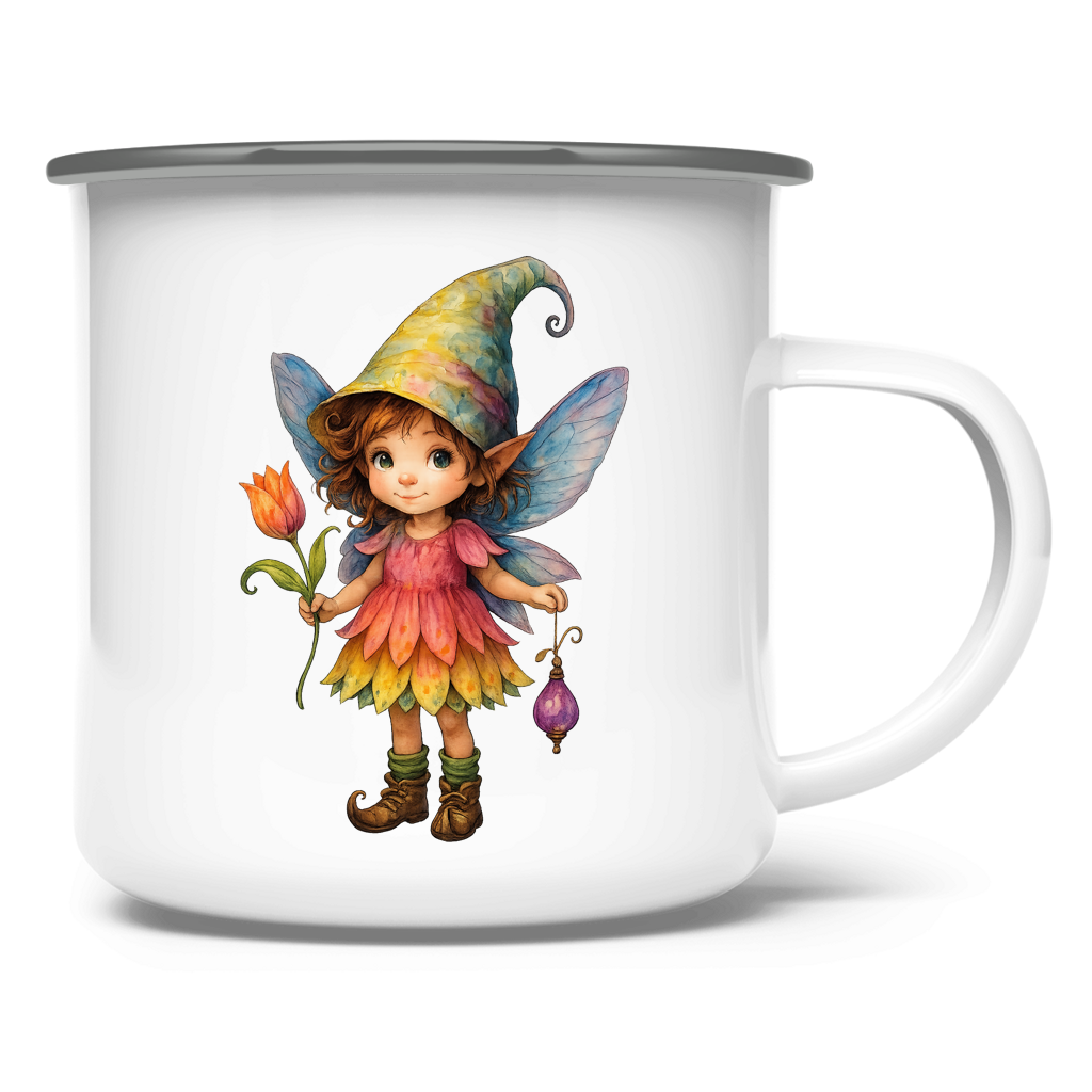 Emaille Tasse Girl Fee Lischen mit Tulpe und Lampe
