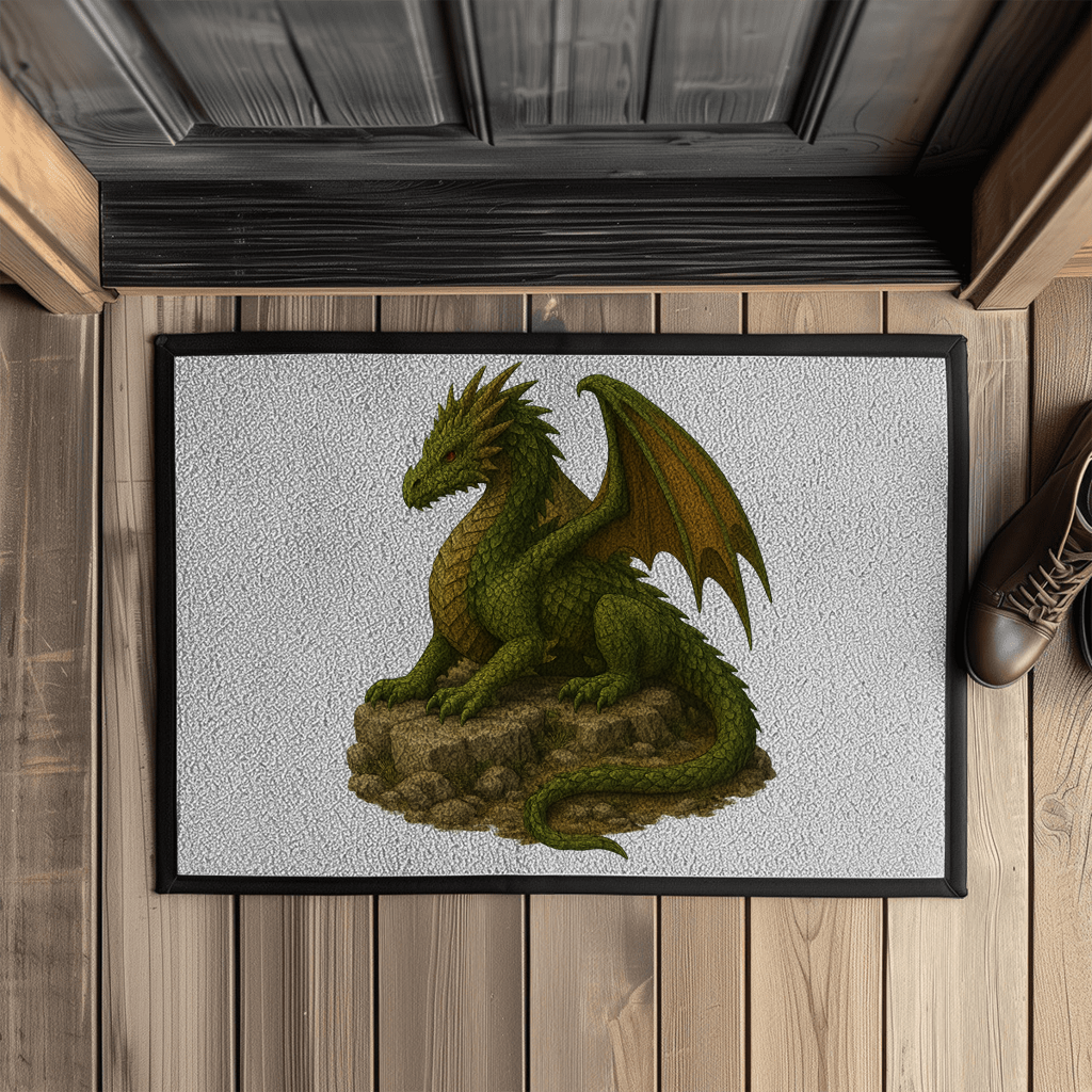 Fußmatte mit Gummirand Drache liegend auf Felsen grünlich