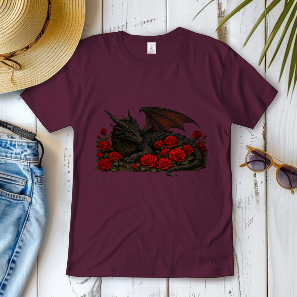 Damen T-Shirt Drache schwarz liegend in Rosen