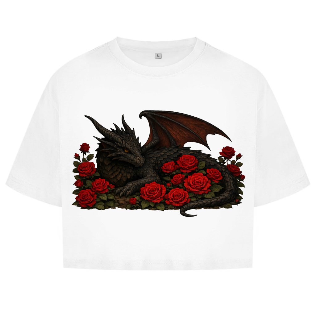 Damen Oversize Crop Top Drache schwarz liegend in Rosen