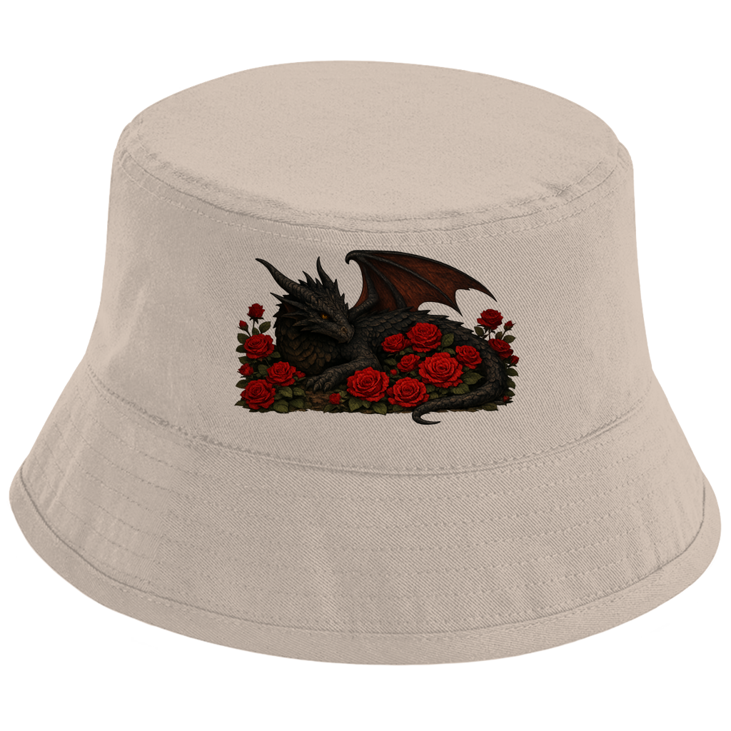 Bucket Hat Drache schwarz liegend in Rosen