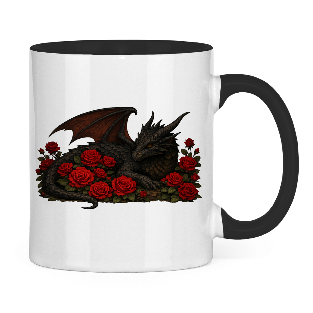 Tasse zweifarbig Drache schwarz liegend in Rosen