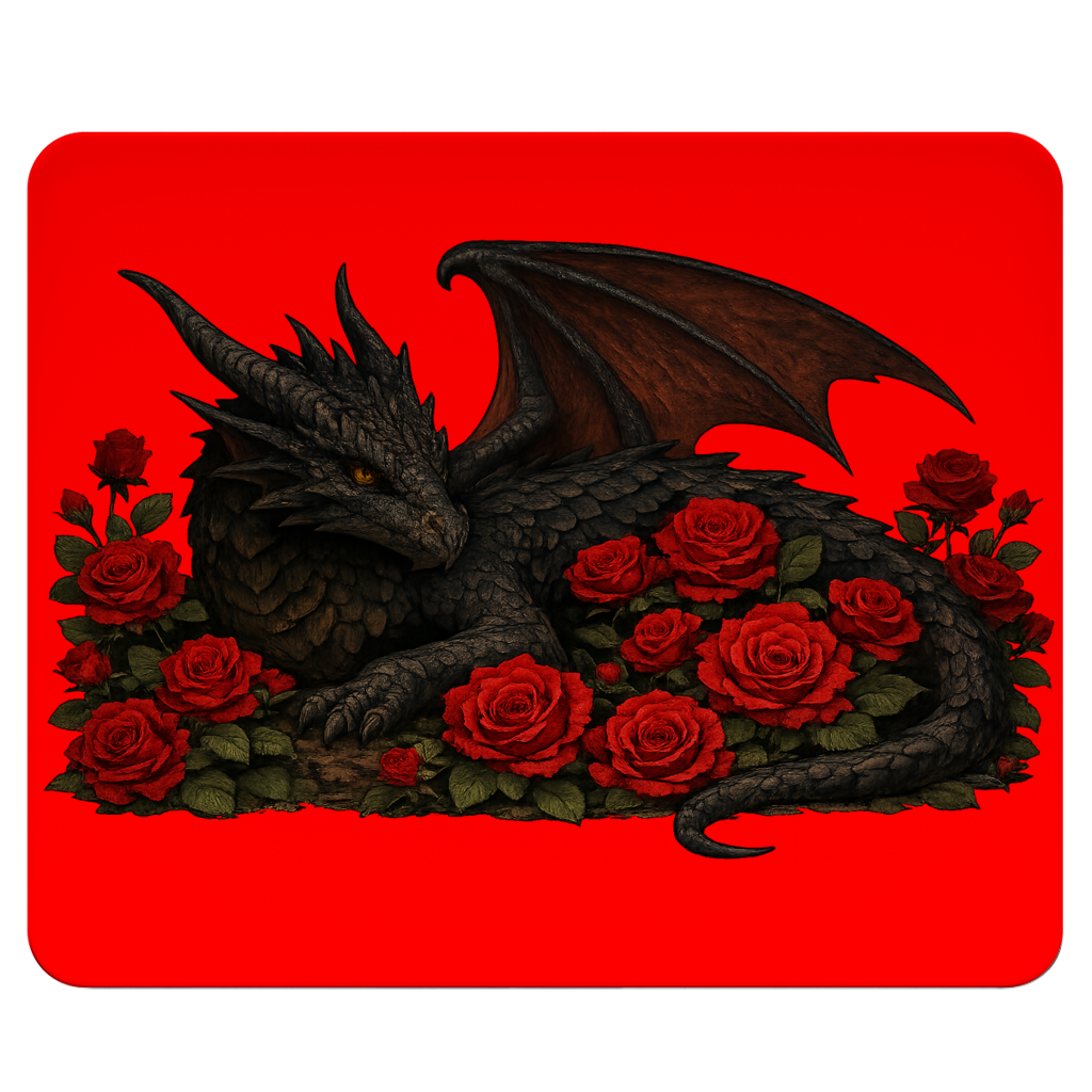 Mousepad Drache schwarz liegend in Rosen