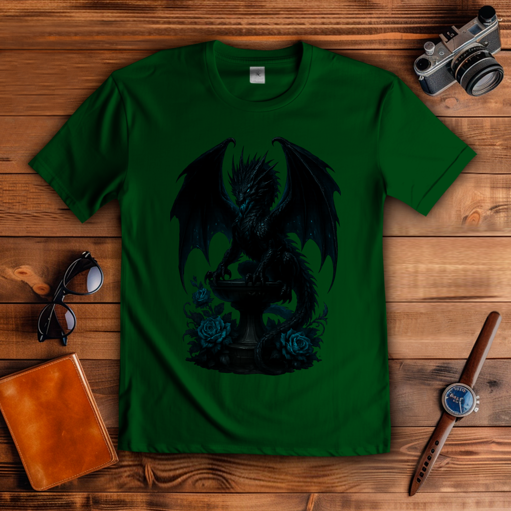 Herren T-Shirt Drache schwarz böse auf Podest türkis gehalten