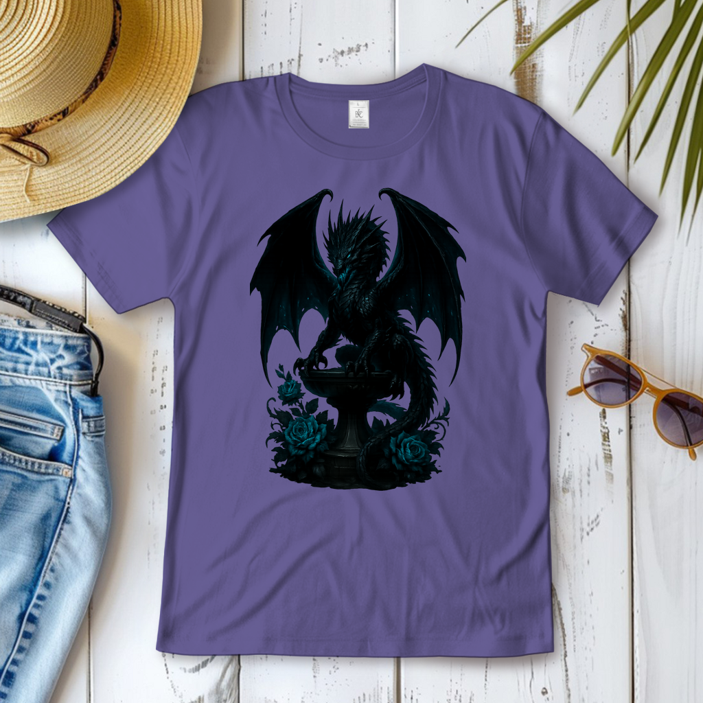 Damen T-Shirt Drache schwarz böse auf Podest türkis gehalten
