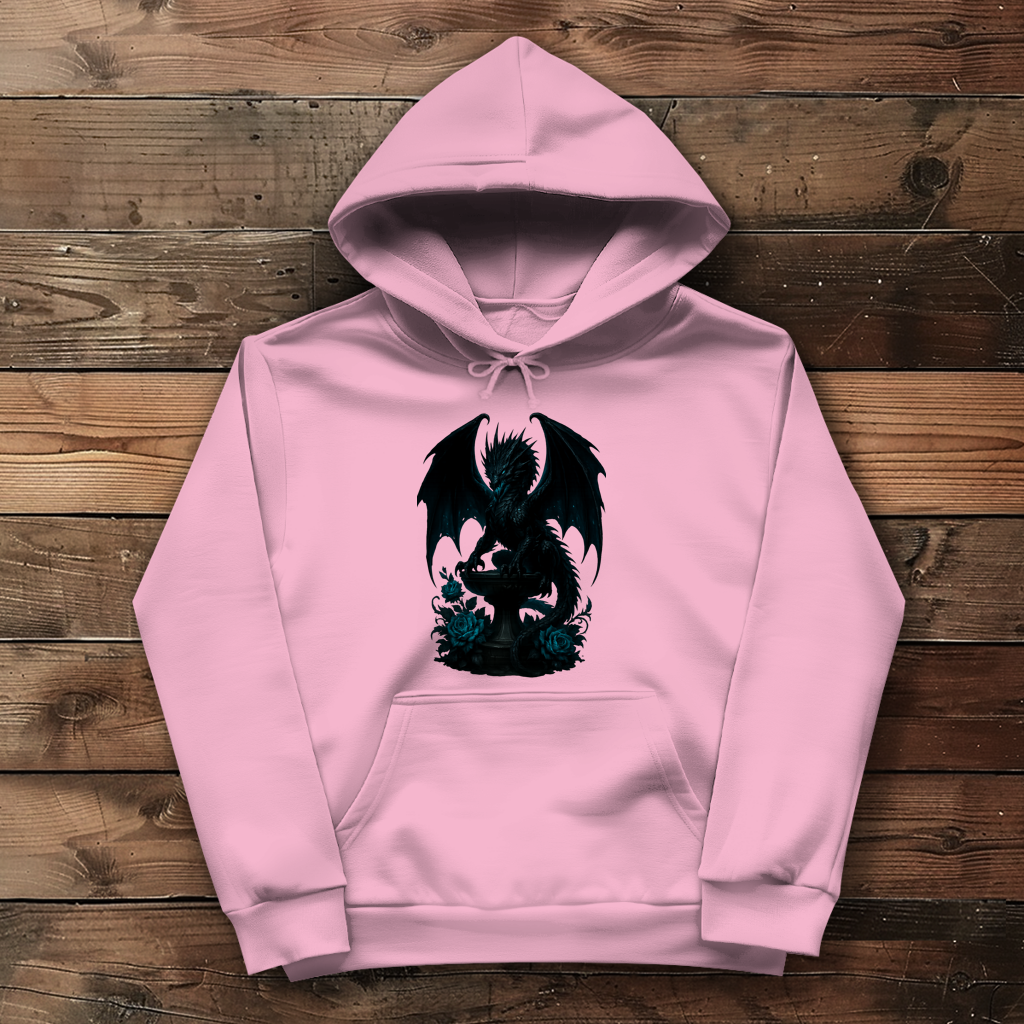 Damen Hoodie Drache schwarz böse auf Podest türkis gehalten