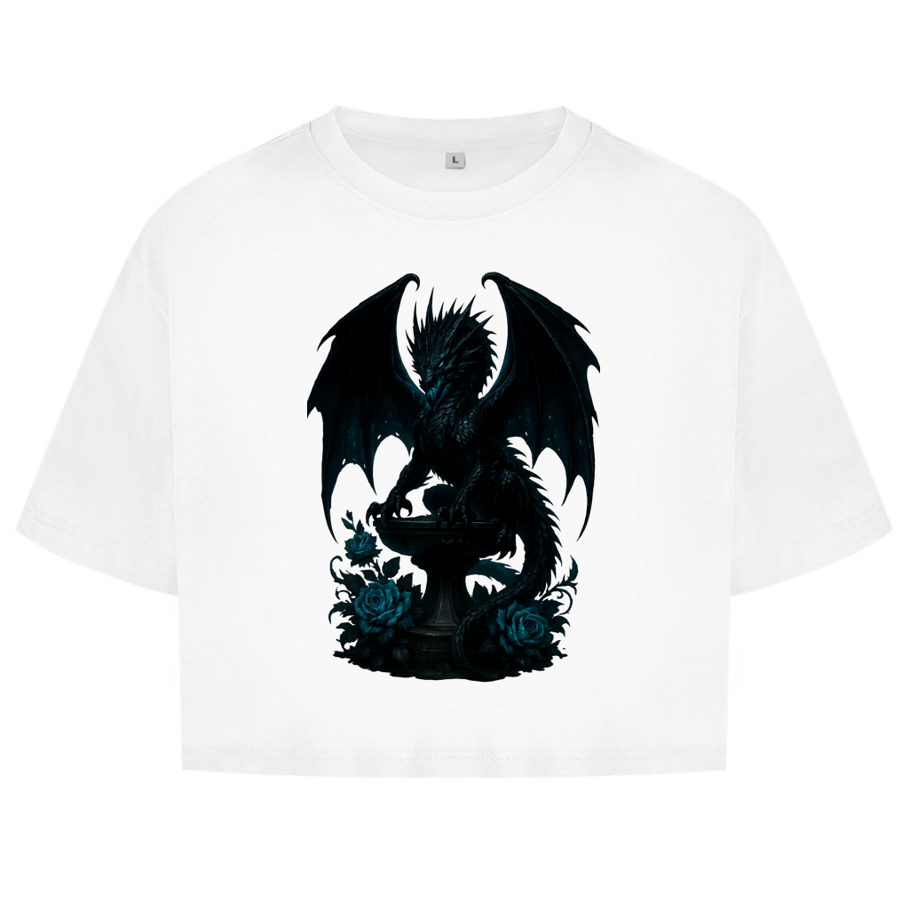 Damen Oversize Crop Top Drache schwarz böse auf Podest türkis gehalten