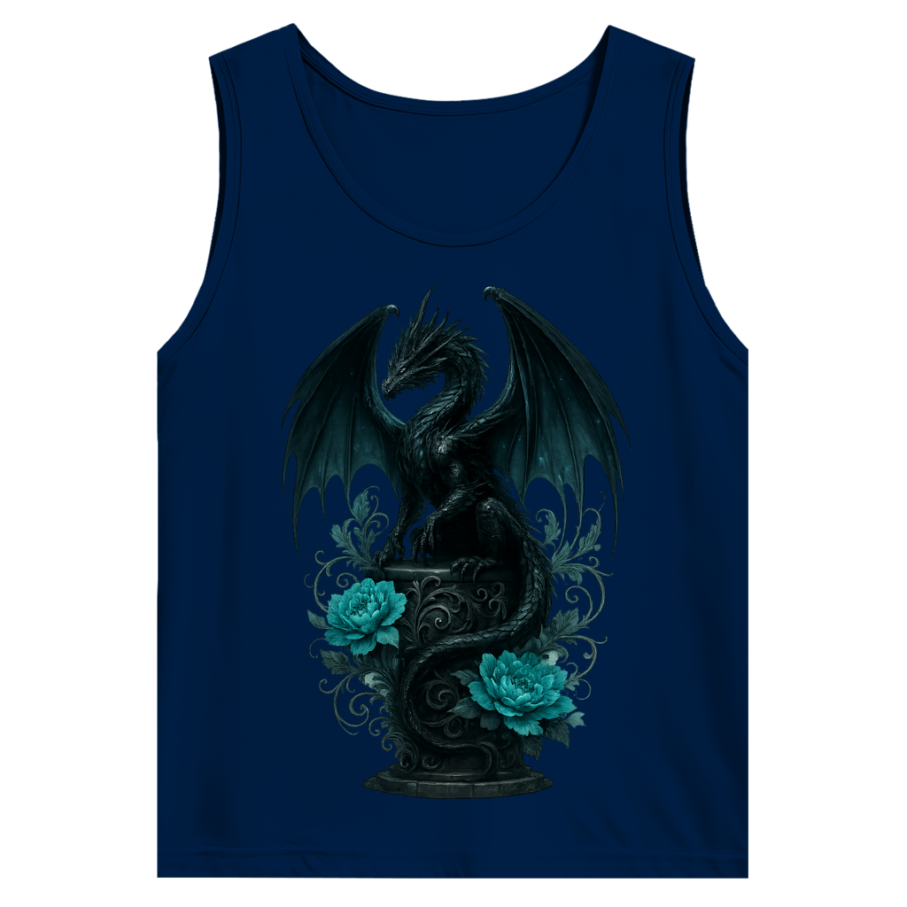 Herren Basic Tank Top Drache schwarz elegant auf Podest türkis gehalten