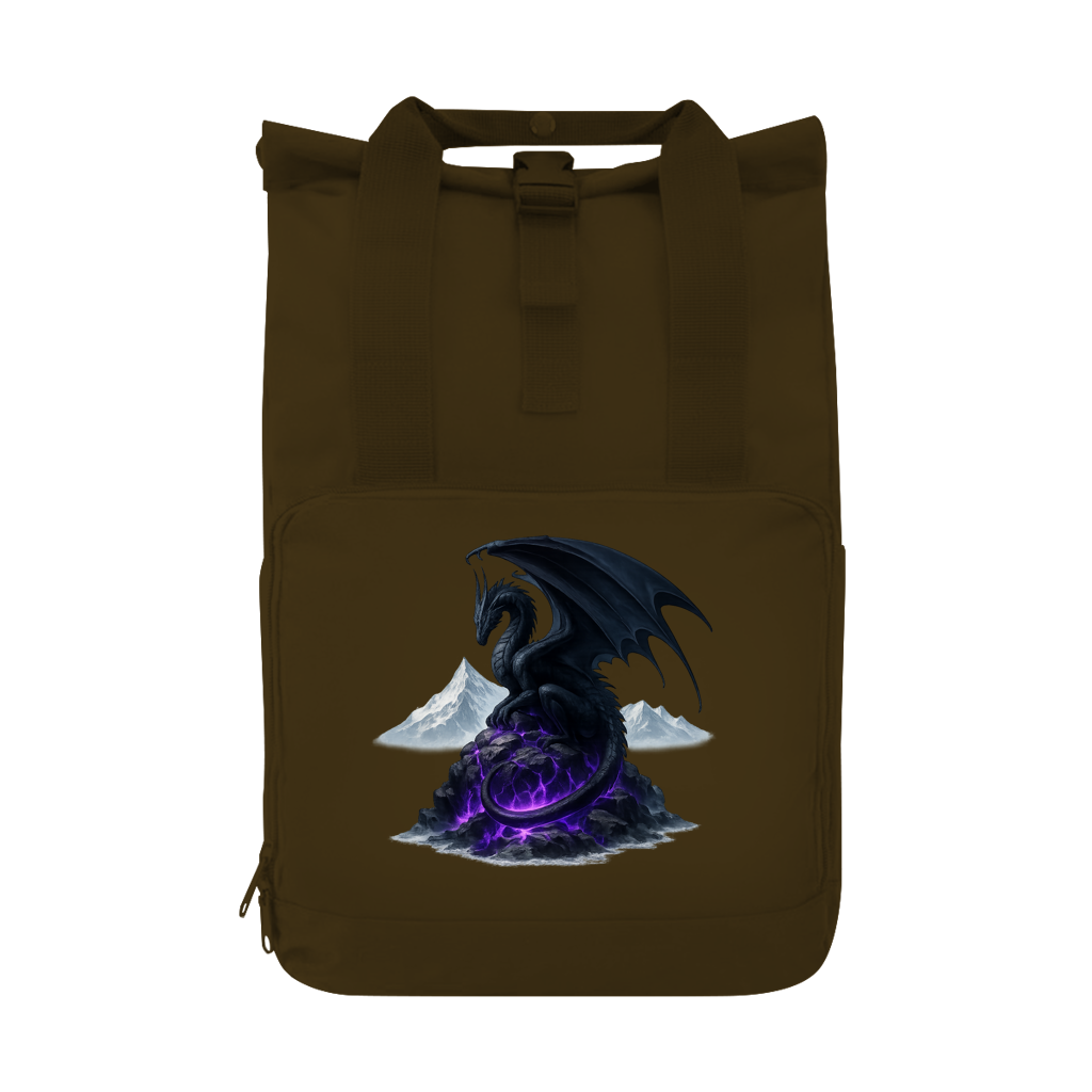 Rucksack Drache schwarz auf Lila Felsen