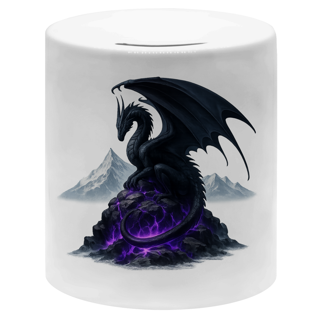Money box Drache schwarz auf Lila Felsen