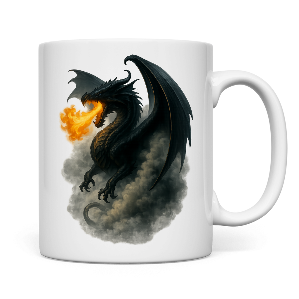 Tasse Drache schwarz Feuer spuckend im Rauch