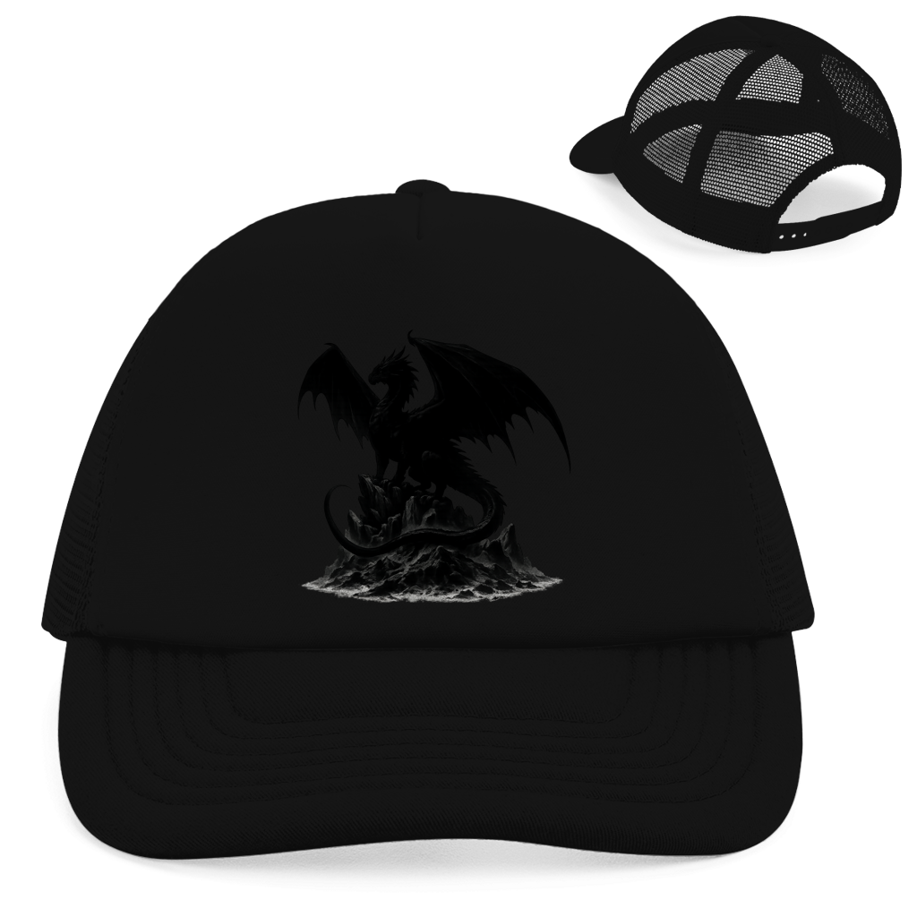 Retro Trucker Cap Drache schwarz breite Flügel auf Felsen