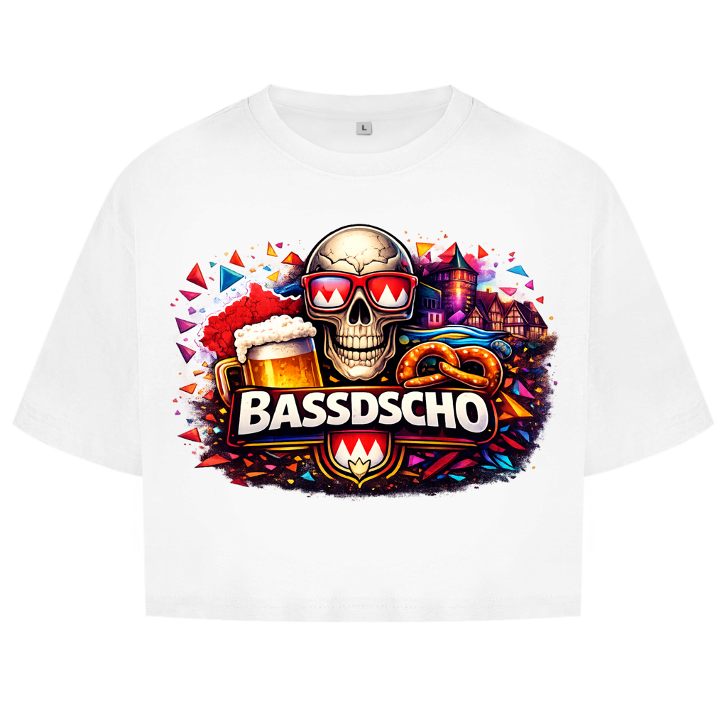 Damen Oversize Crop Top Bassdscho Bier, Schädel und Brezel