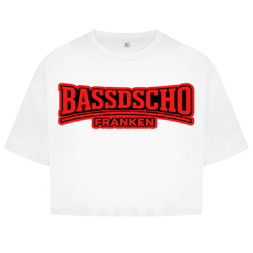 Damen Oversize Crop Top Bassdscho rot und rot umrandet