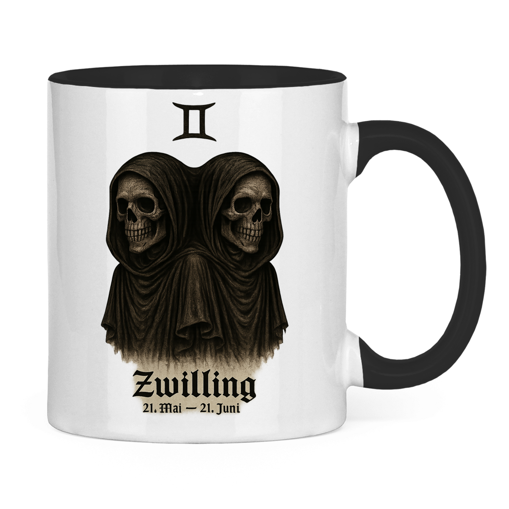 Tasse zweifarbig Zwilling des Todes mit astrologischem Symbol