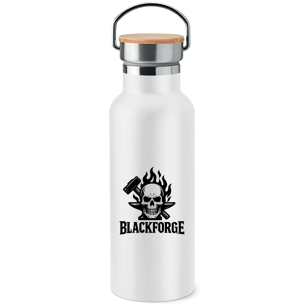 Edelstahl-Trinkflasche mit Bambusdeckel Logo schwarz transparent