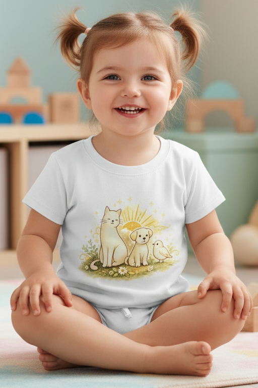 Kinder Basic T-Shirt Katze, Hund und Vogel