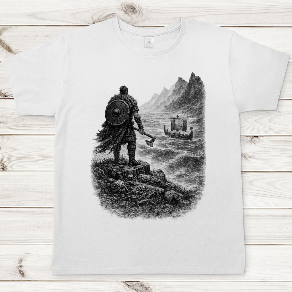 Herren T-Shirt Vikingkrieger auf stürmischer Felsenklippe