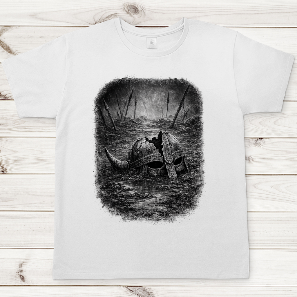 Herren T-Shirt Zerstörtes Wikingerhelm im Schlachtfeld