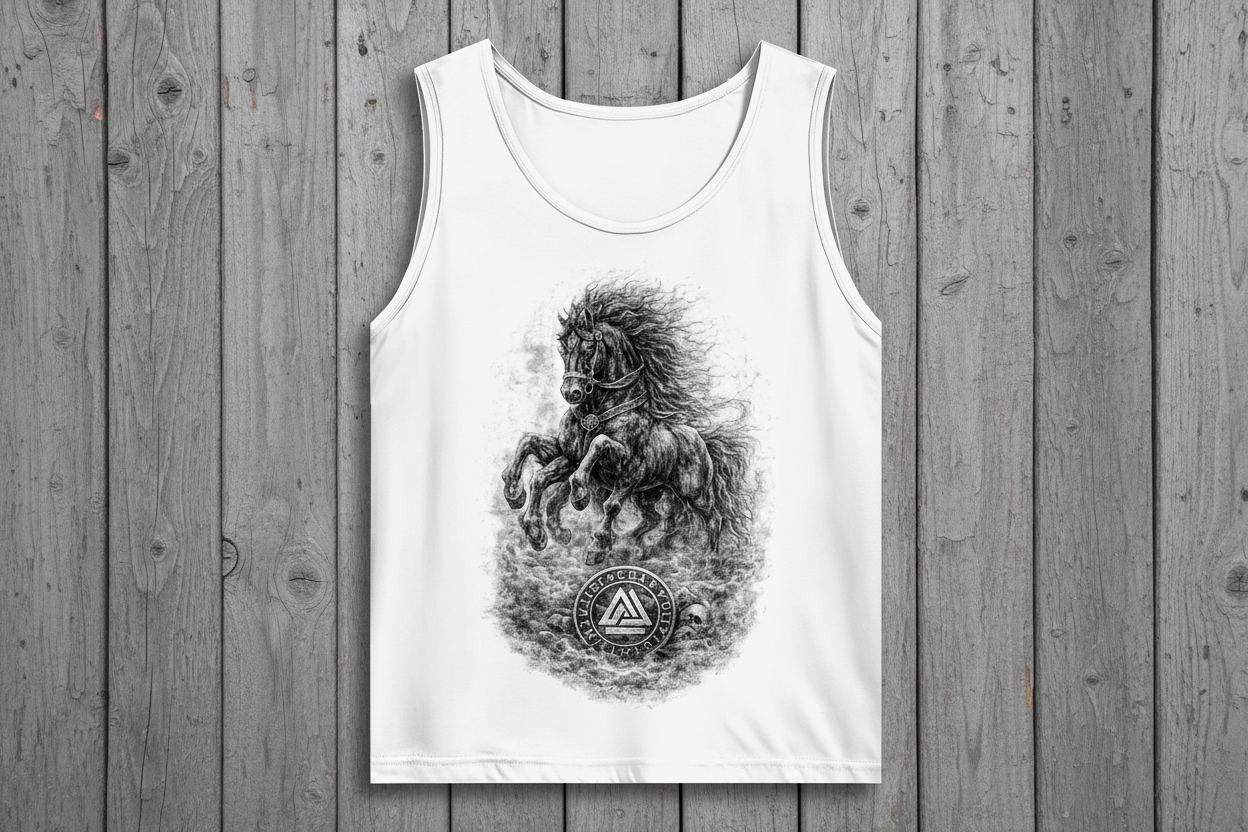 Herren Basic Tank Top Pferd im Nebel mit Valknut-Symbol