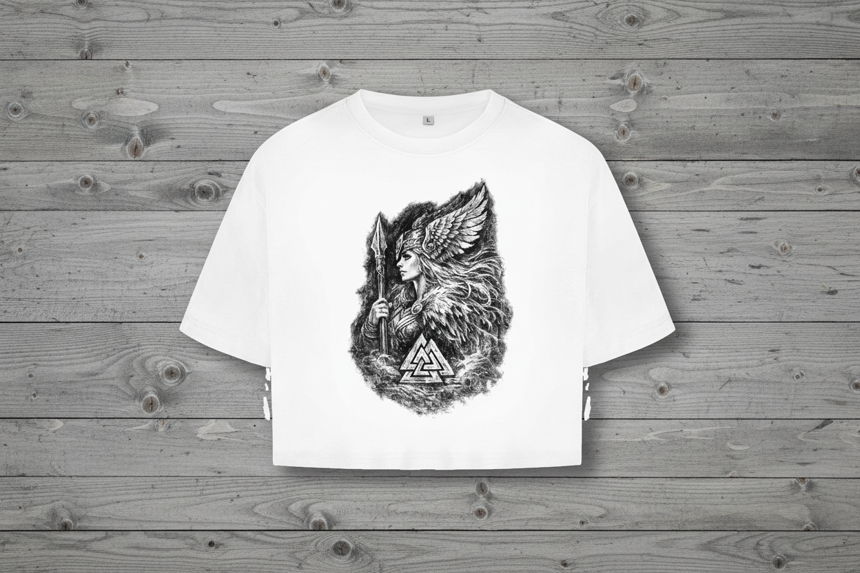 Damen Oversize Crop Top Valkyrie im Nebel mit Valknut-Symbol