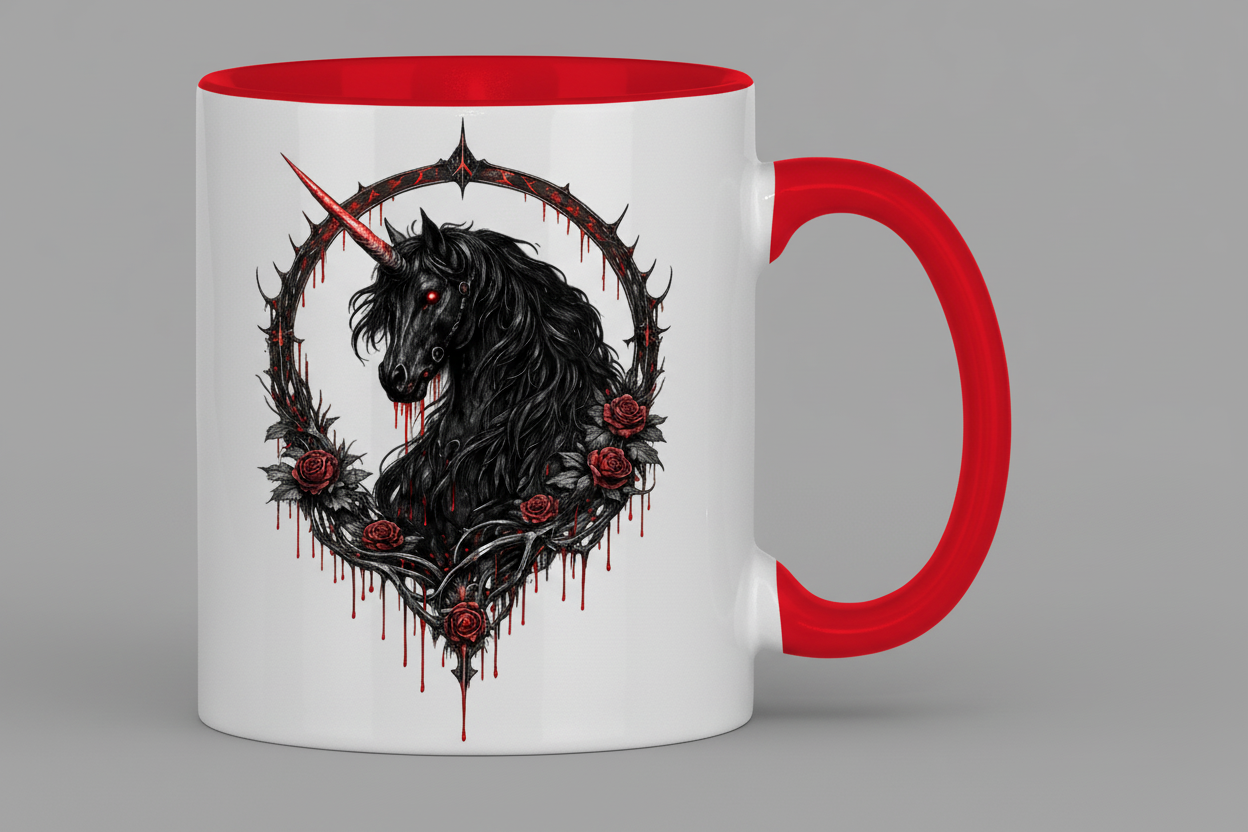 Tasse zweifarbig Blutrote Rose und schwarzer Einhorn