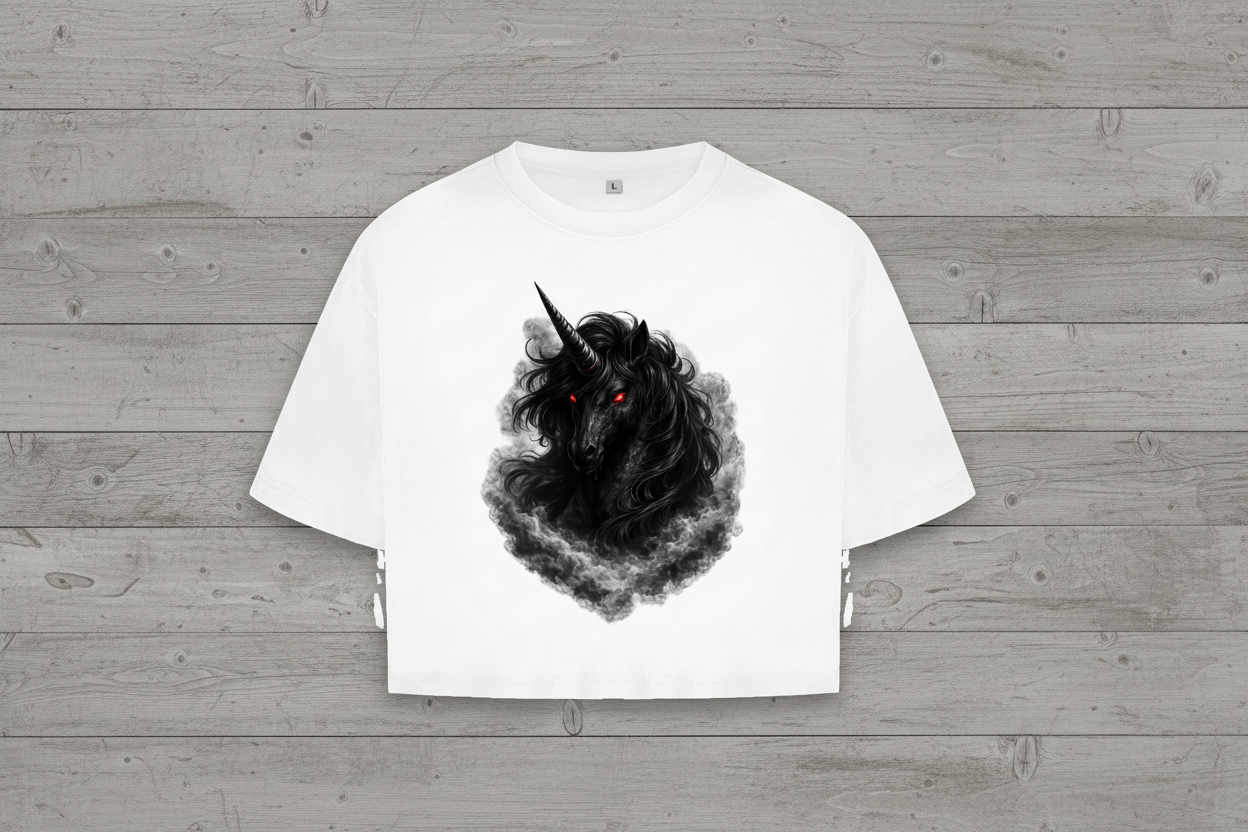 Damen Oversize Crop Top Dunkler Einhornfluch im Rauch