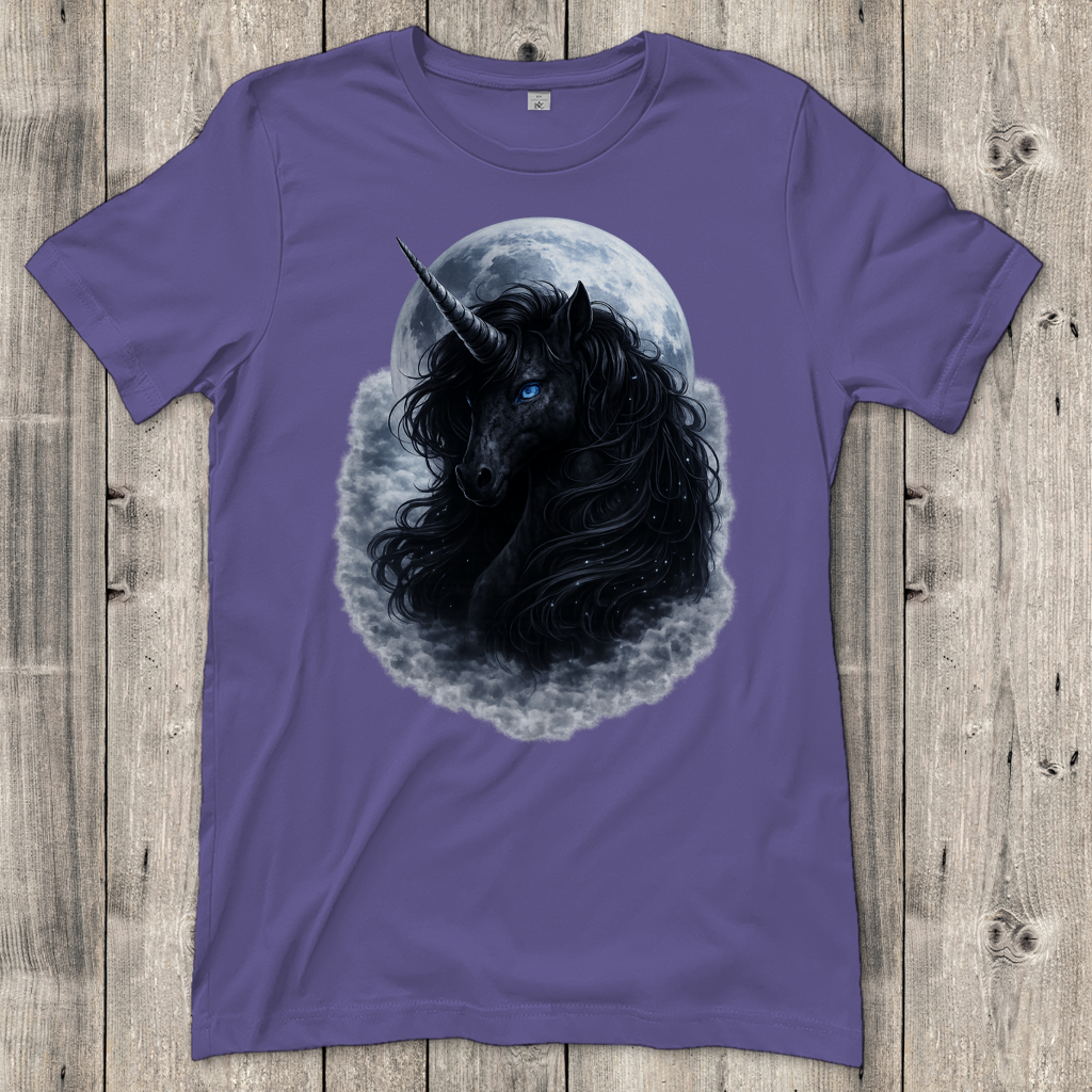 Damen T-Shirt Schwarzes Einhorn vor dem Mond